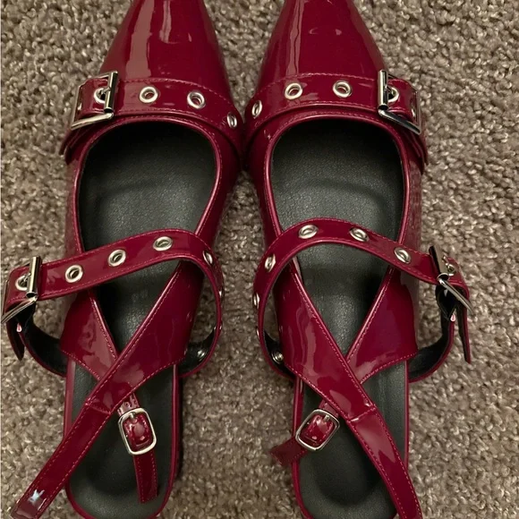 Women's Burgundy Patent Leather Buckle Flats - Picture 1 of 6